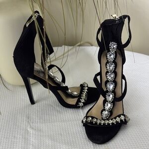 Jacobies Womens Open Toe Ankle Strap Black Crystal Studded Back Zipper Heel 7.5
